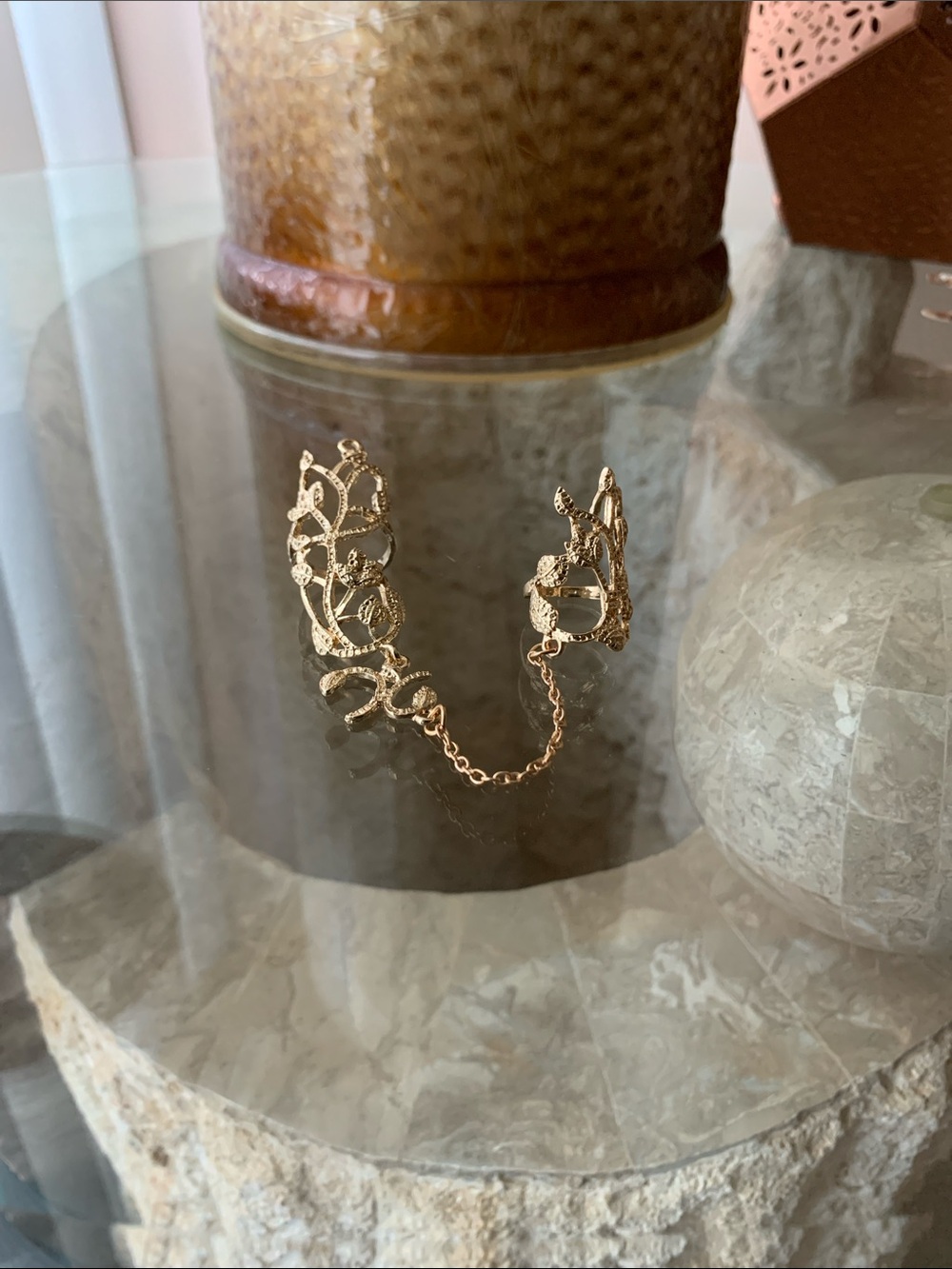 Gold-Tone Filigree Double Rings with Chain